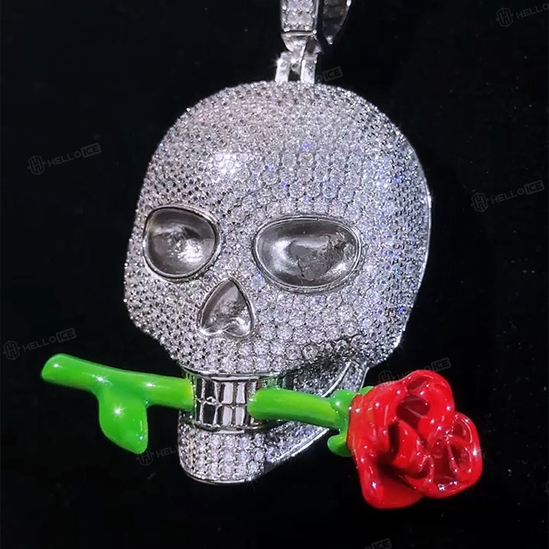 Iced Skull Head with a Luminous Rose Pendant