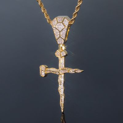 Iced Curved Nail Cross Pendant
