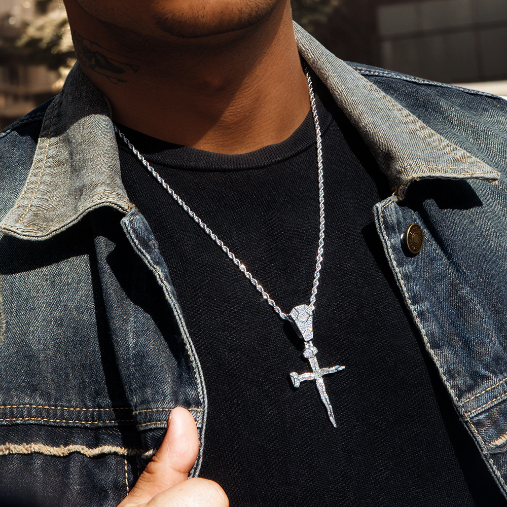 Iced Curved Nail Cross Pendant