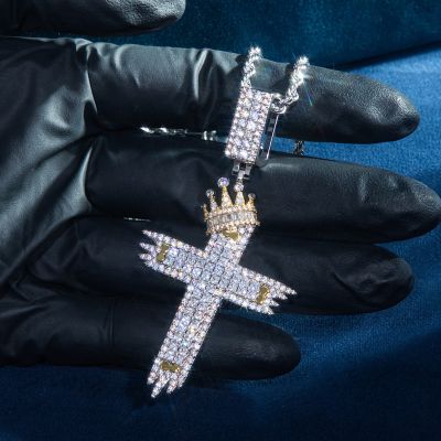 Two-Tone Baguette Diamond Cross with Crown Pendant