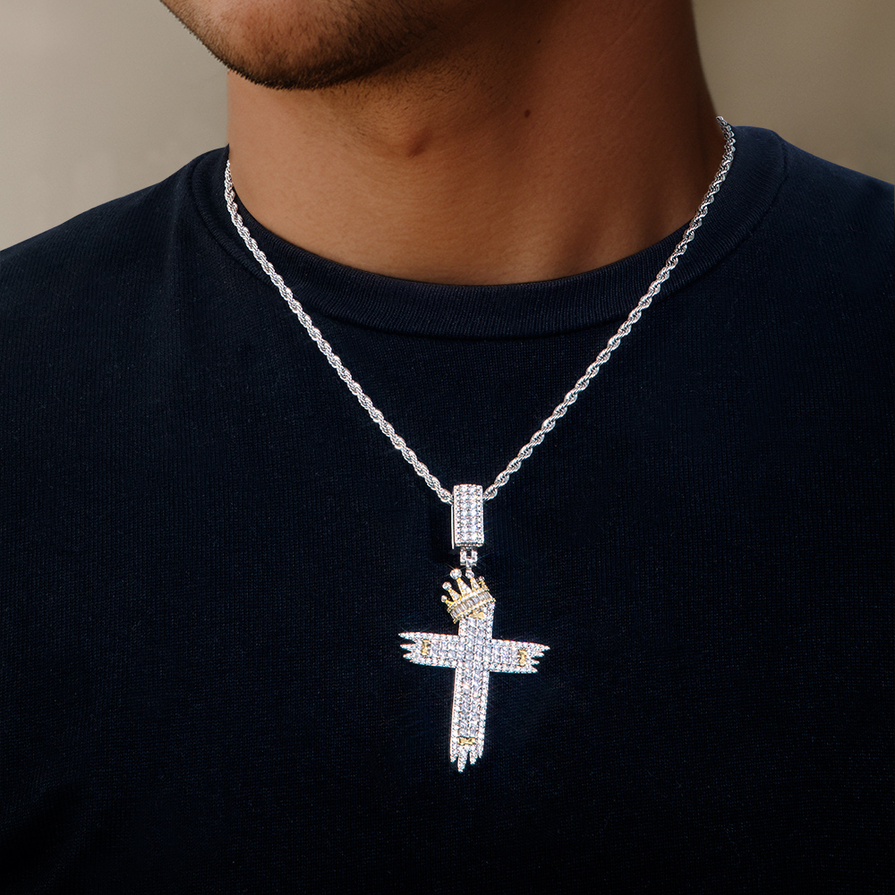 Two-Tone Baguette Diamond Cross with Crown Pendant