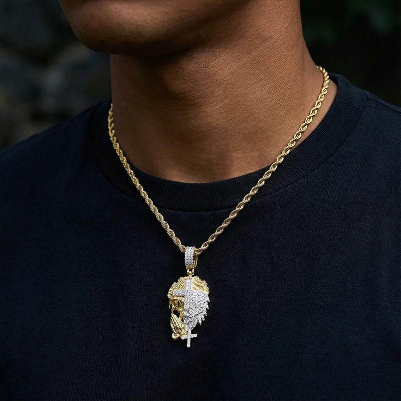 Half Jesus and Half Lion with Cross Two-tone Pendant Half Jesus and Half Lion with Cross Two-tone Pendant