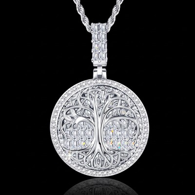 Iced Tree of Life Baguette Cut Pendant