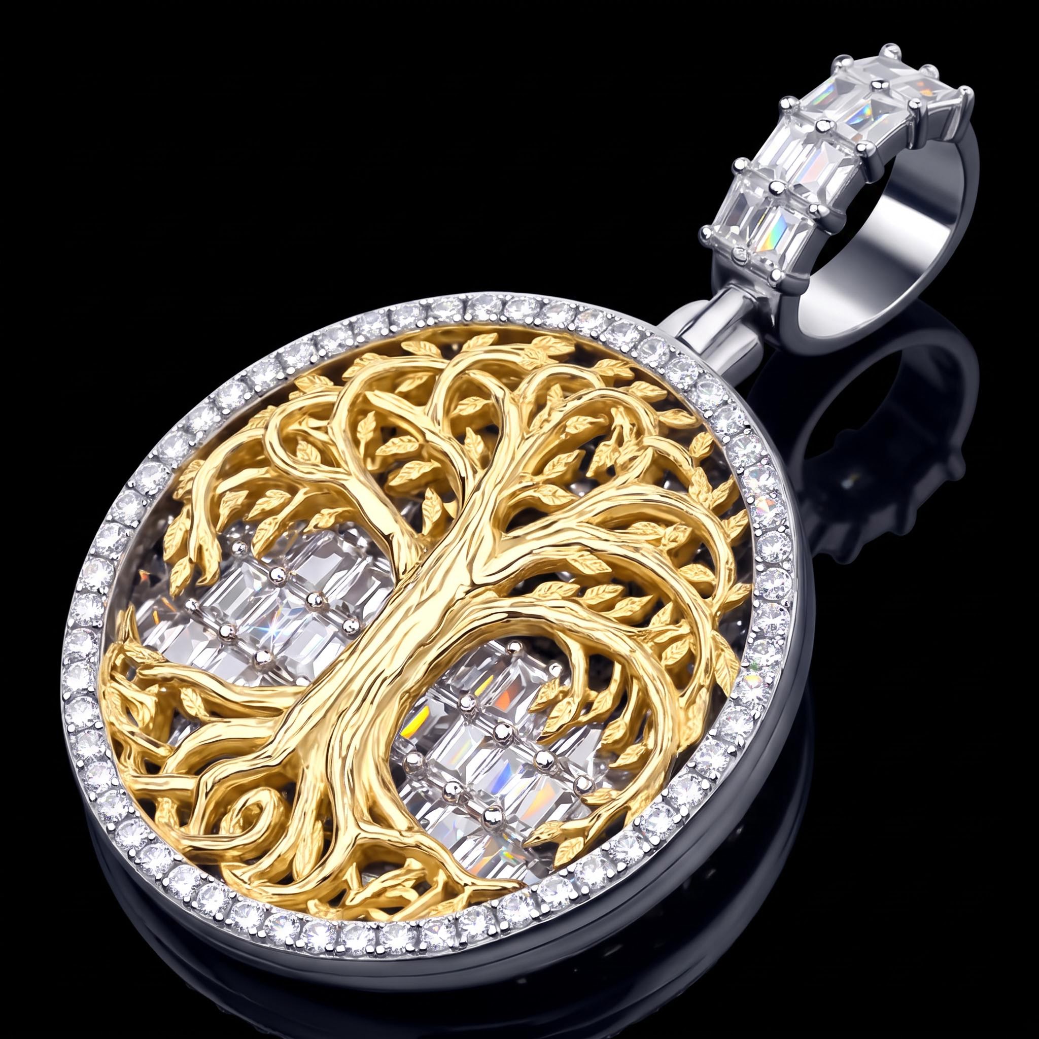 Iced Tree of Life Baguette Cut Pendant