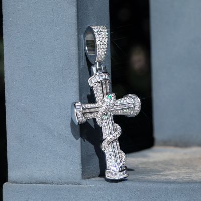 Twisted Snake Micro Pave Baguette Cross Pendant in White Gold