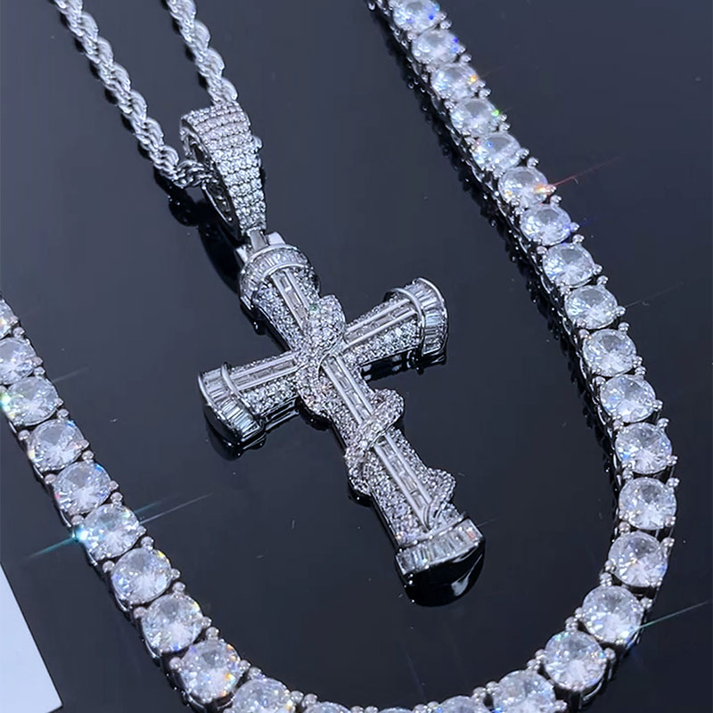 Twisted Snake Micro Pave Baguette Cross Pendant in White Gold