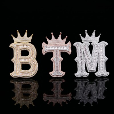 Baguette Cut Thorns A-Z Initial Letters Pendant with Crown