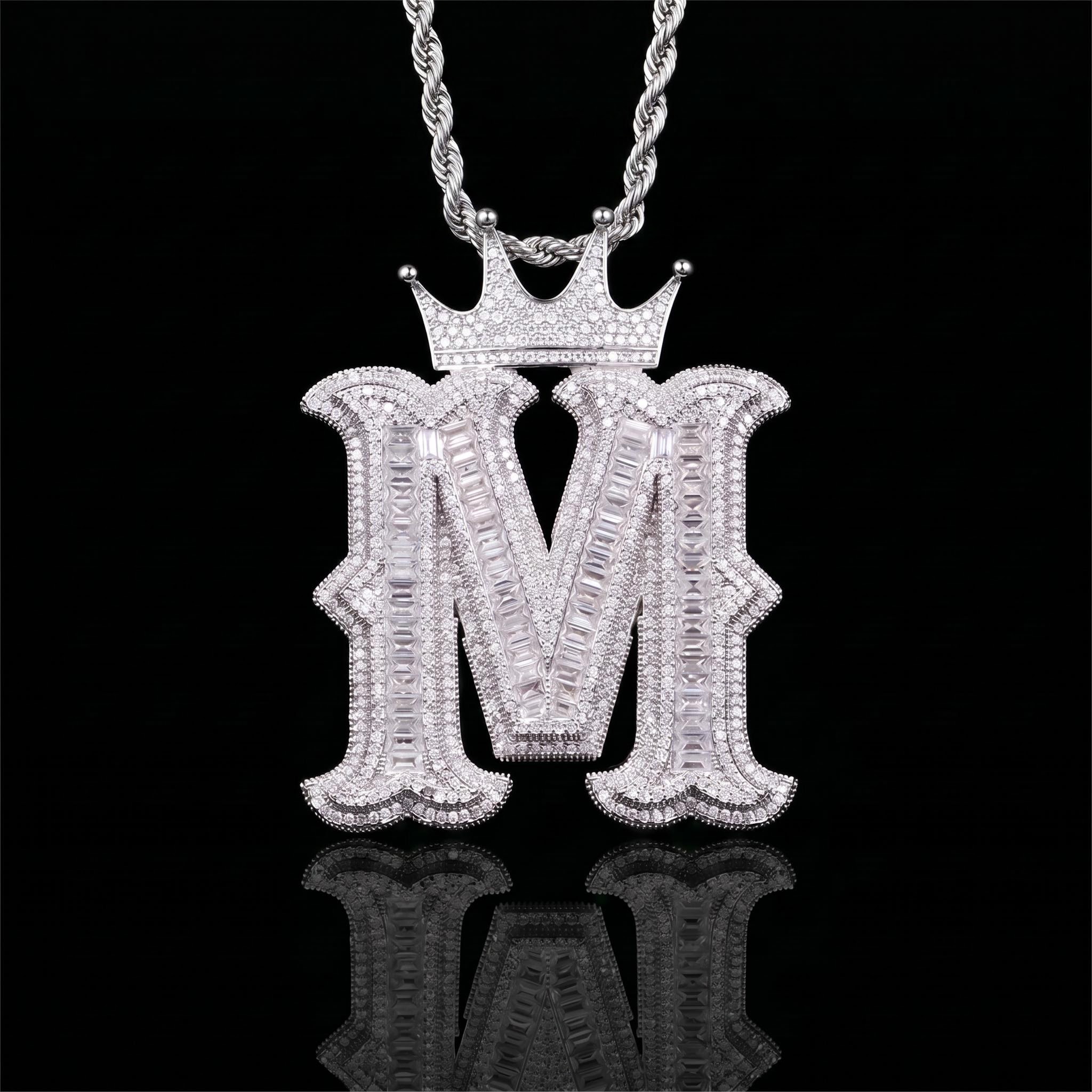 Baguette Cut Thorns A-Z Initial Letters Pendant with Crown Baguette Cut Thorns A-Z Initial Letters Pendant with Crown