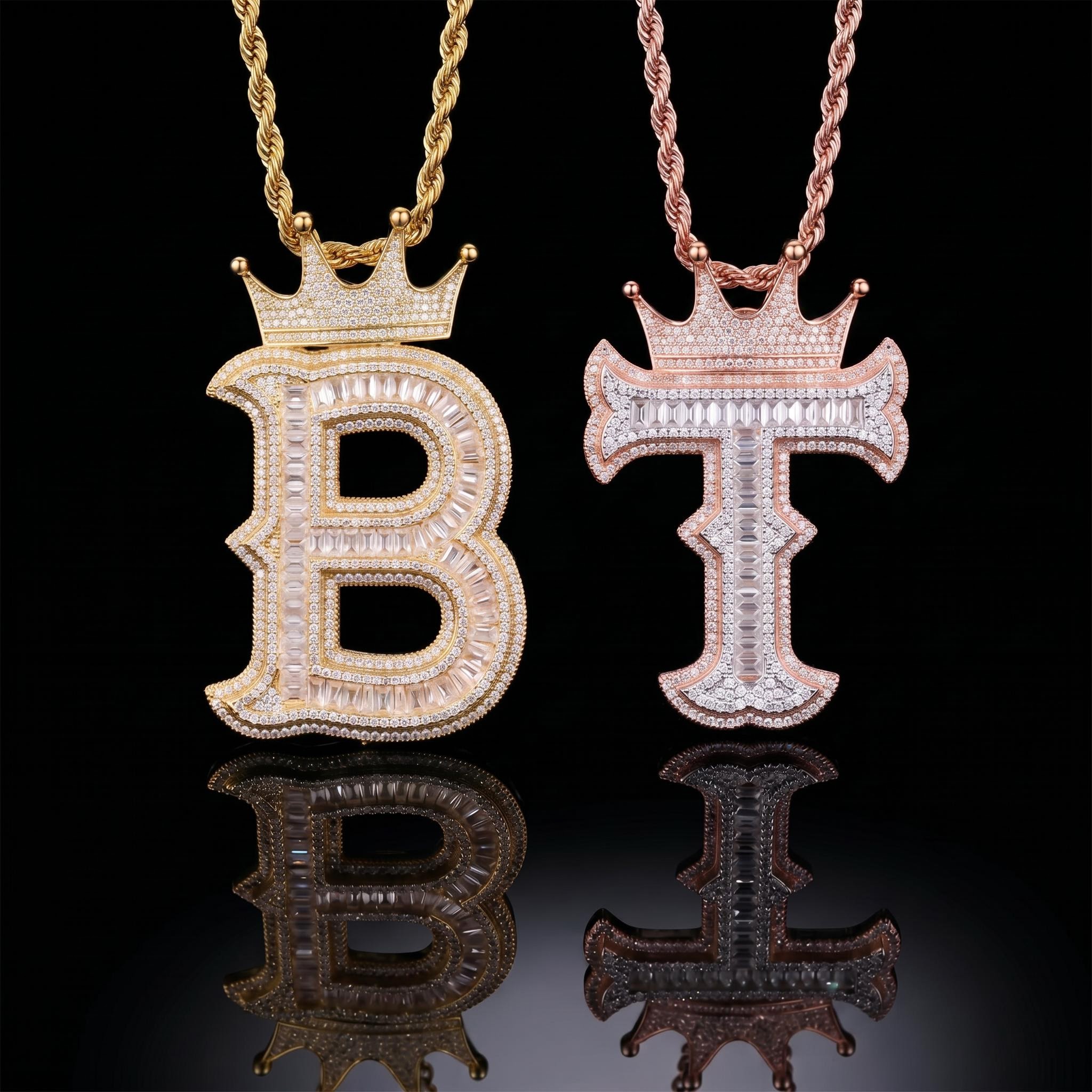 Baguette Cut Thorns A-Z Initial Letters Pendant with Crown Baguette Cut Thorns A-Z Initial Letters Pendant with Crown
