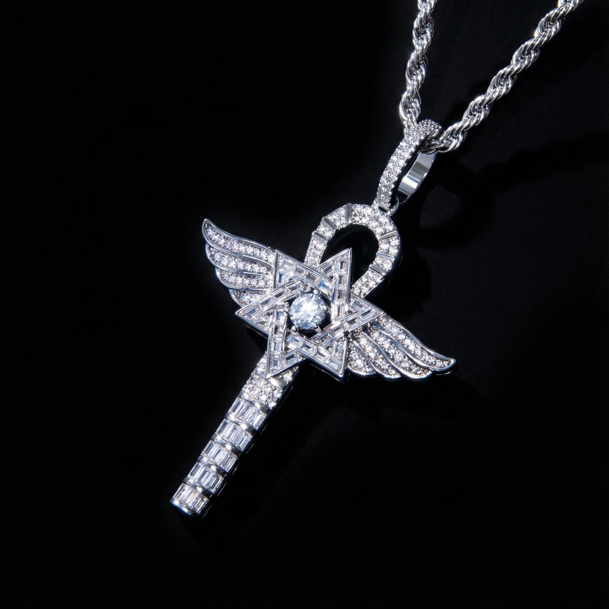 Iced Wings of Angle Ankh Pendant with Star of David Iced Wings of Angle Ankh Pendant with Star of David
