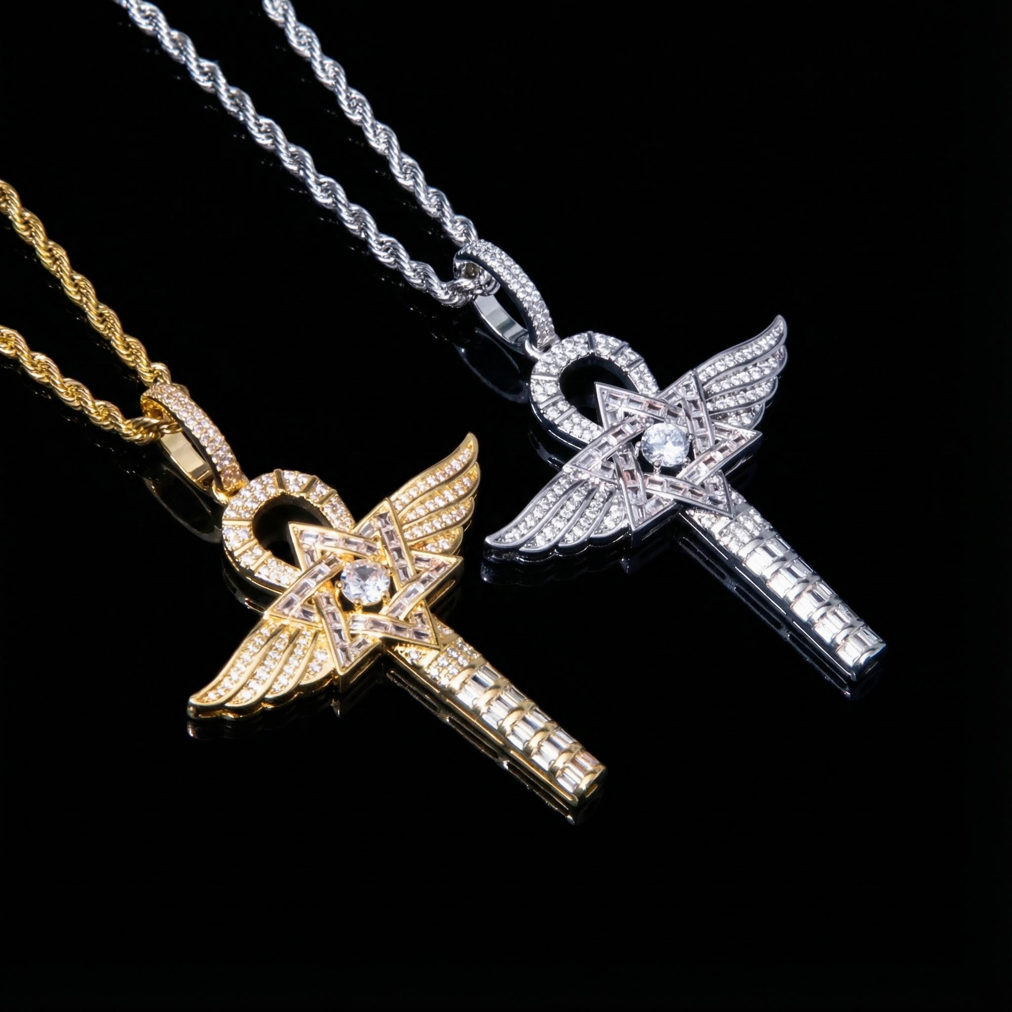 Iced Wings of Angle Ankh Pendant with Star of David Iced Wings of Angle Ankh Pendant with Star of David
