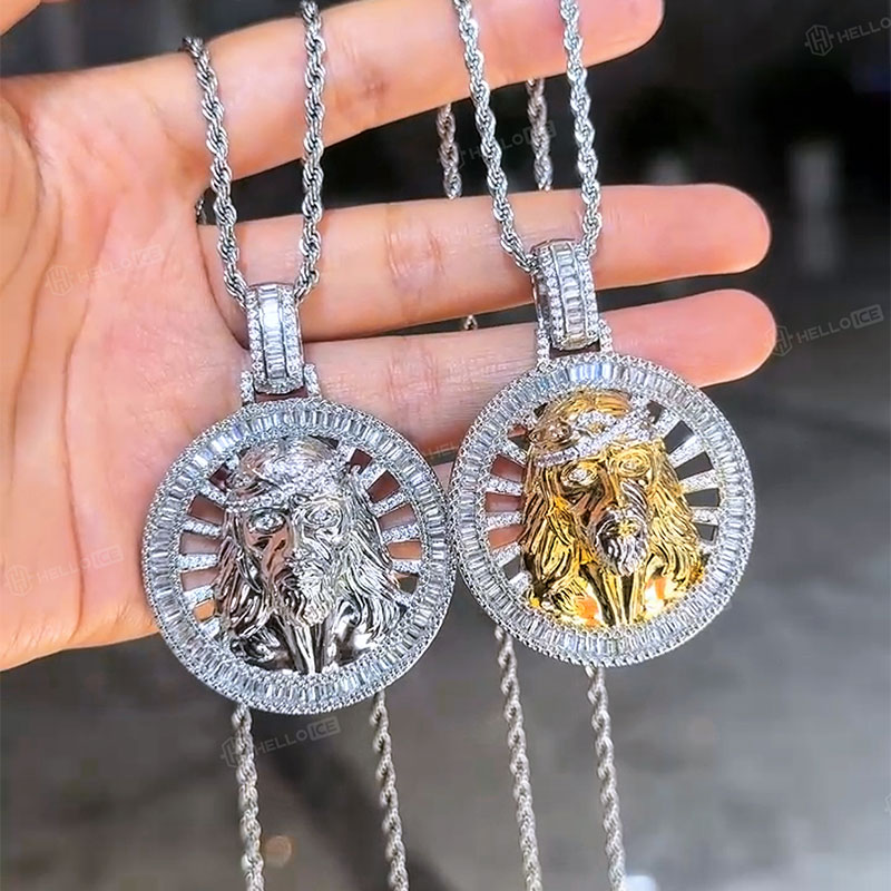 Iced Round 3D Jesus Baguette Medallion Pendant