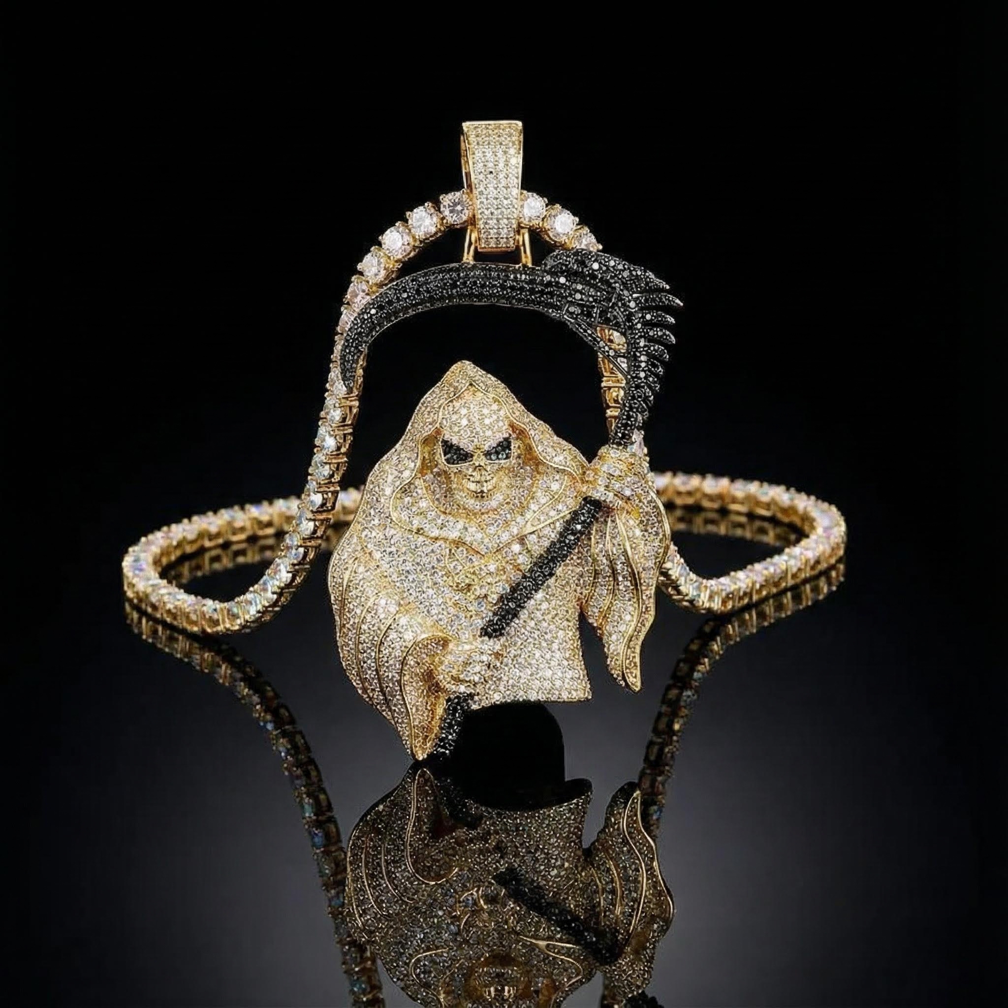 Iced Death Skull with Black Sickle Pendant