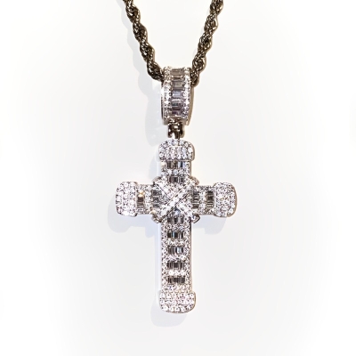Micro Pave Baguette Cut Cross Pendant in White Gold