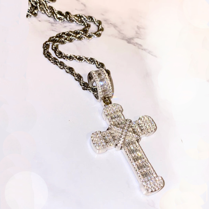 Micro Pave Baguette Cut Cross Pendant in White Gold