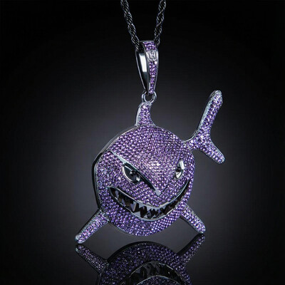 Iced Purple Shark Head Pendant in Black Gold
