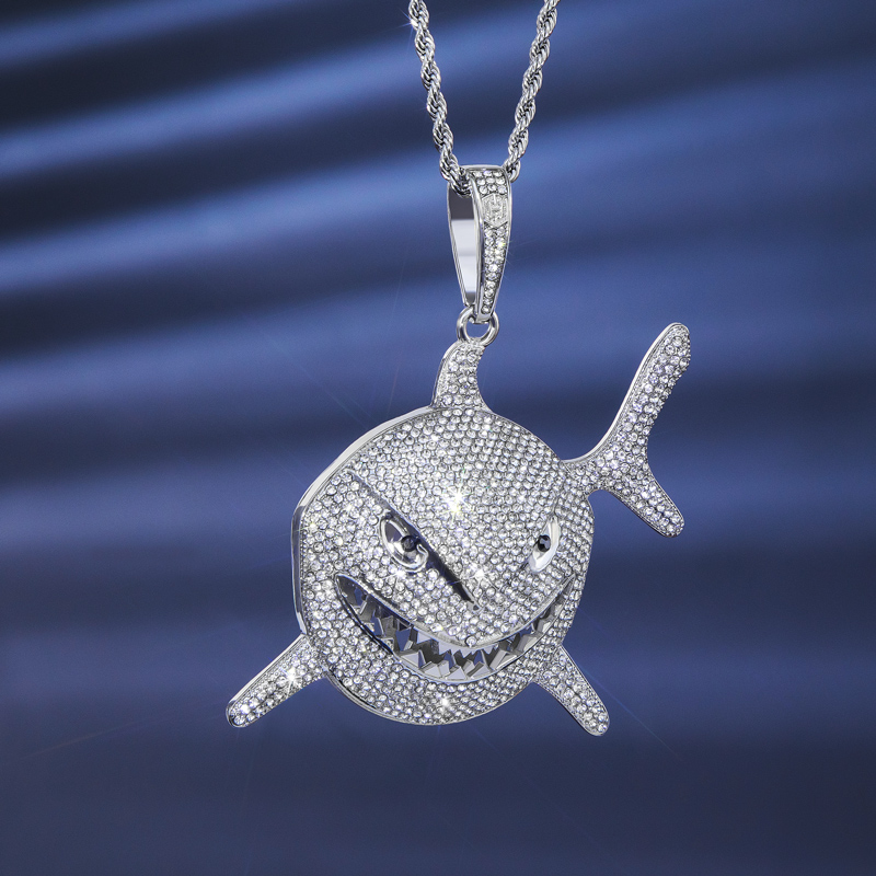 Iced Shark Head Pendant in White Gold