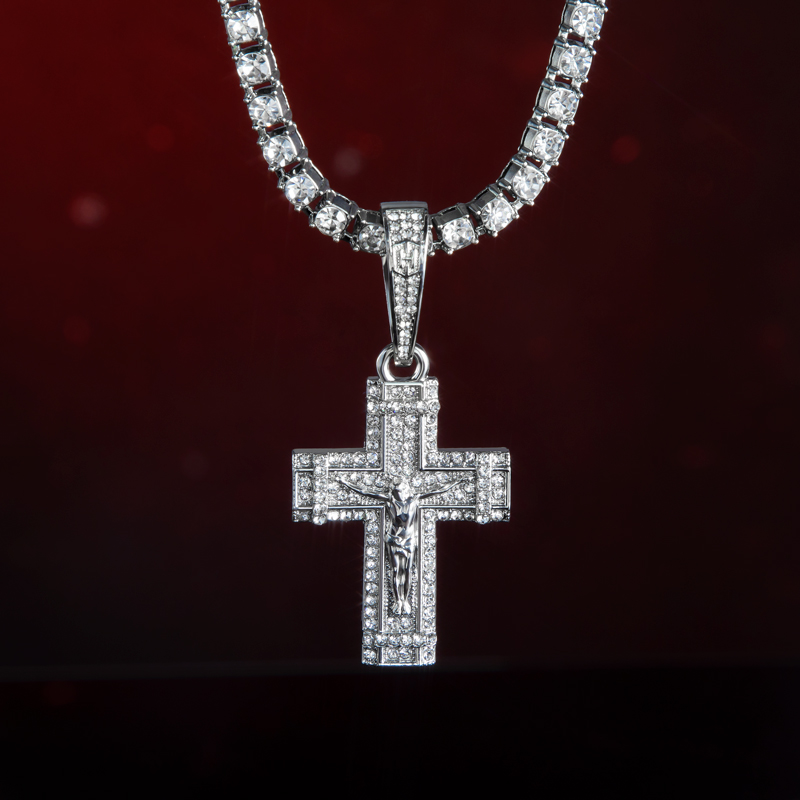 Iced Crucifix Cross Pendant in White Gold