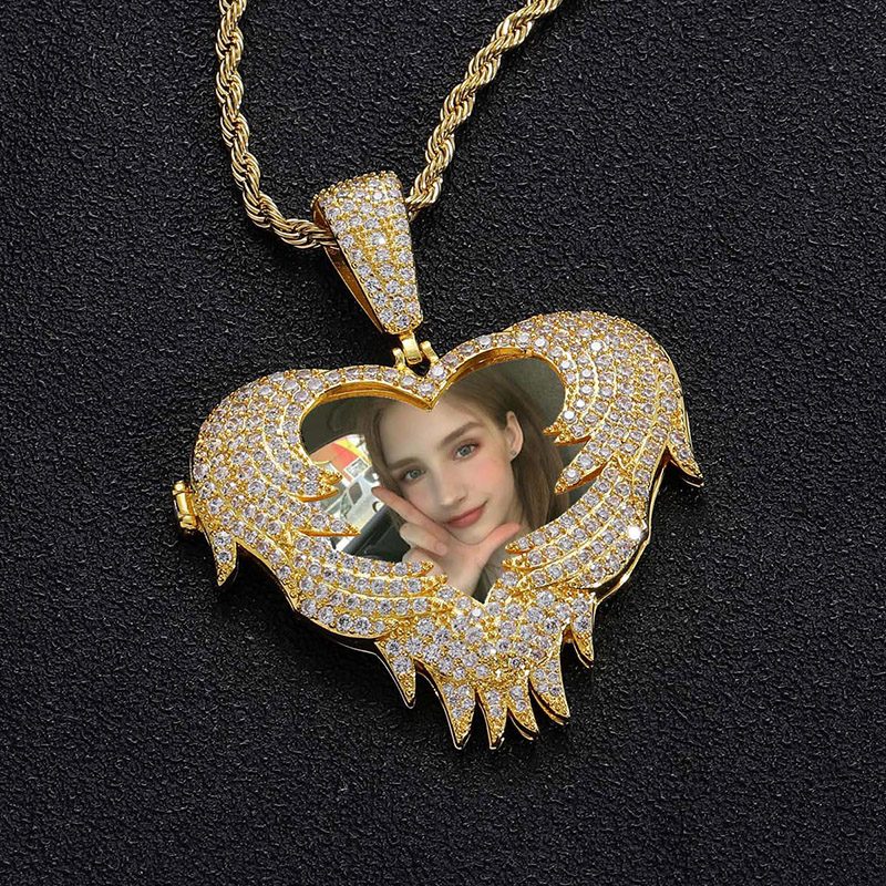 Custom Heart-shaped Angel Wing Photo Pendant