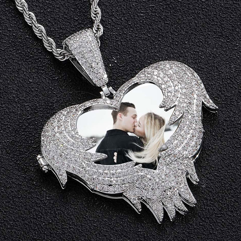 Custom Heart-shaped Angel Wing Photo Pendant