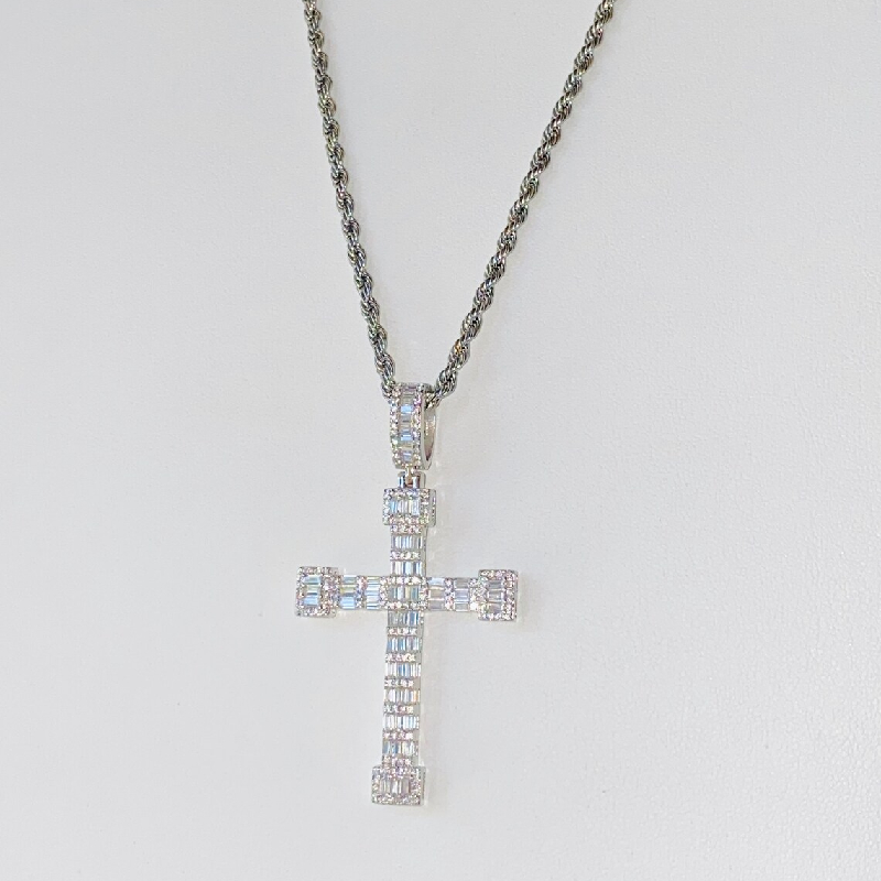 Baguette Cut Cross Pendant in White Gold