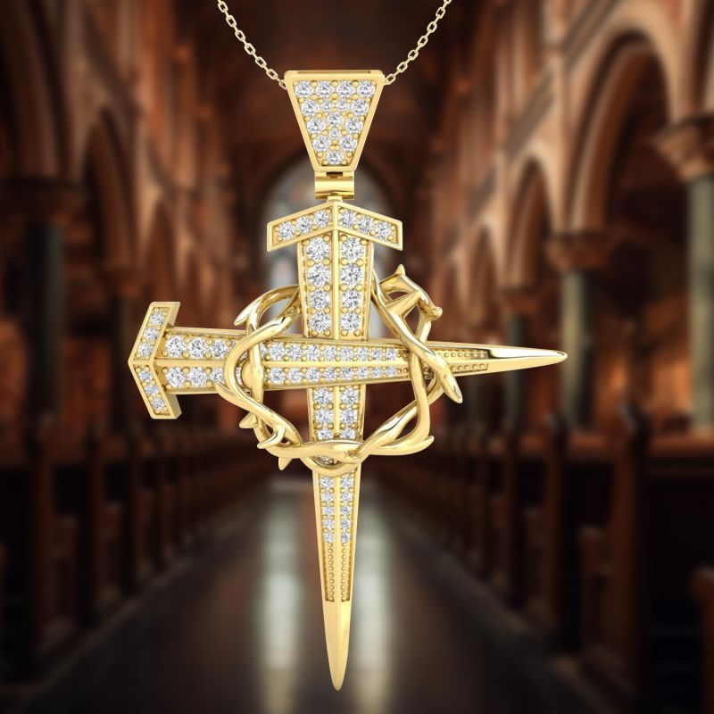 Iced Crown Of Thorns Nail Cross Pendant in Gold