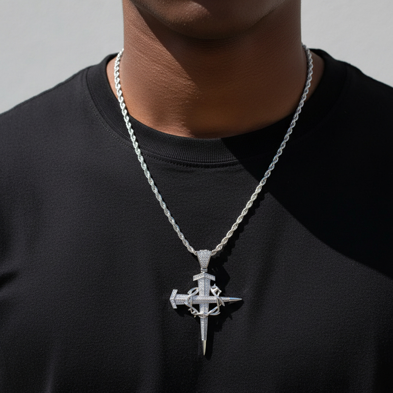Iced Crown Of Thorns Nail Cross Pendant in Gold Iced Crown Of Thorns Nail Cross Pendant in Gold