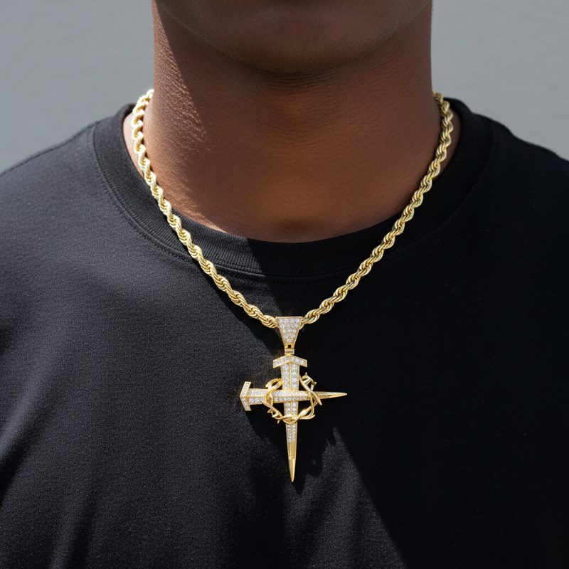 Iced Crown Of Thorns Nail Cross Pendant in Gold Iced Crown Of Thorns Nail Cross Pendant in Gold