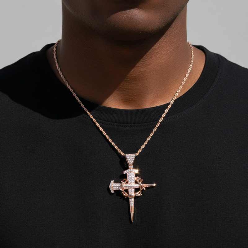 Iced Crown Of Thorns Nail Cross Pendant in Gold Iced Crown Of Thorns Nail Cross Pendant in Gold