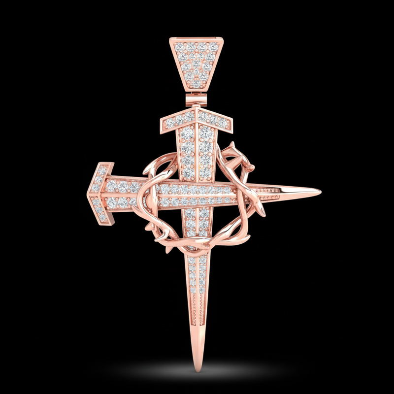 Iced Crown Of Thorns Nail Cross Pendant in Gold Iced Crown Of Thorns Nail Cross Pendant in Gold