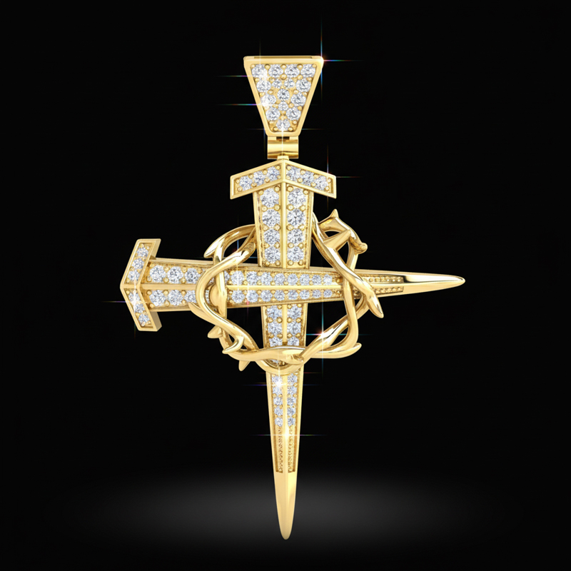 Iced Crown Of Thorns Nail Cross Pendant in Gold Iced Crown Of Thorns Nail Cross Pendant in Gold