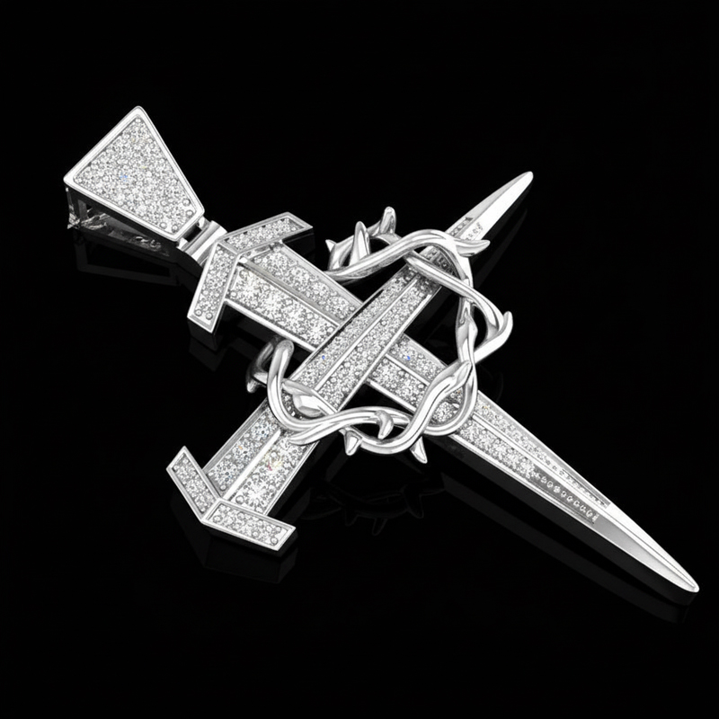 Iced Crown Of Thorns Nail Cross Pendant in Gold Iced Crown Of Thorns Nail Cross Pendant in Gold