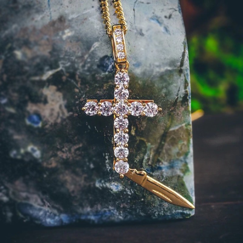 Diamond Cross Knife Pendant in Gold