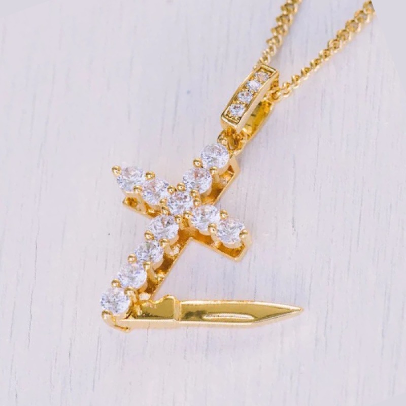 Diamond Cross Knife Pendant in Gold