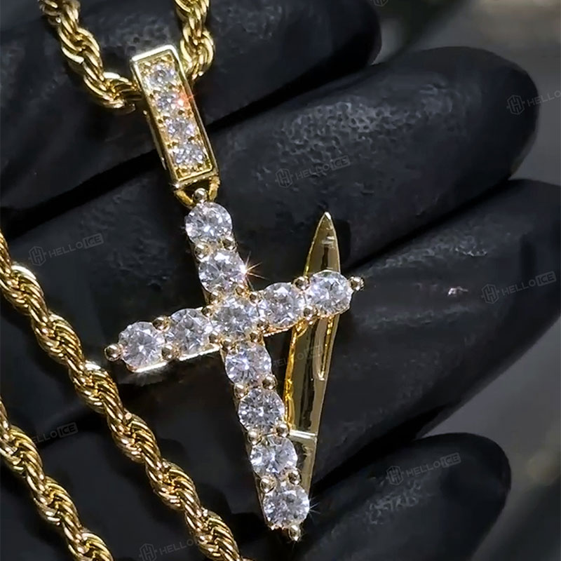 Diamond Cross Knife Pendant in Gold