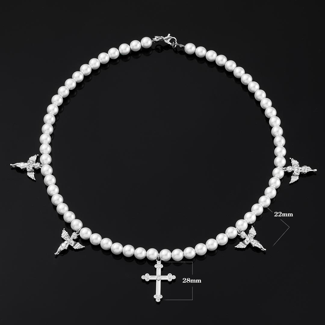 Cross and Praying Angel Charm Pearl Necklace