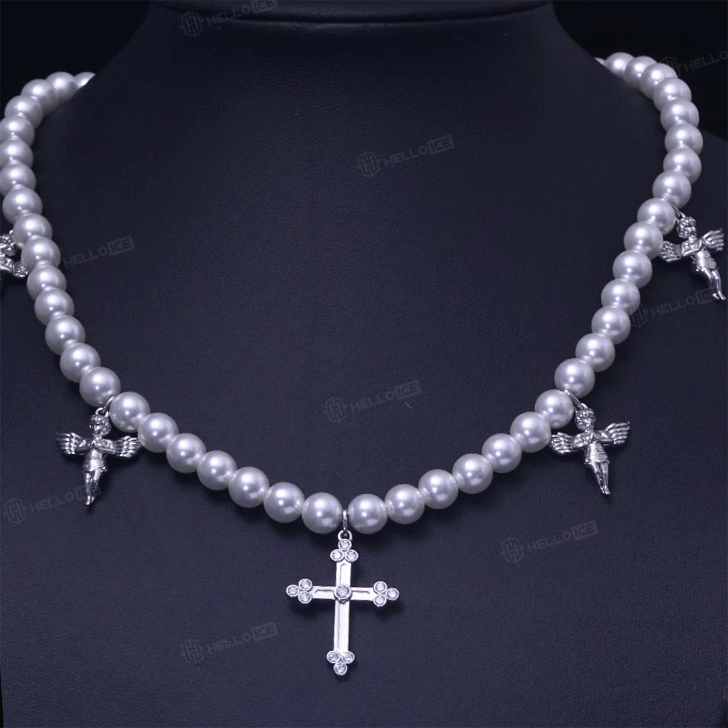 Cross and Praying Angel Charm Pearl Necklace
