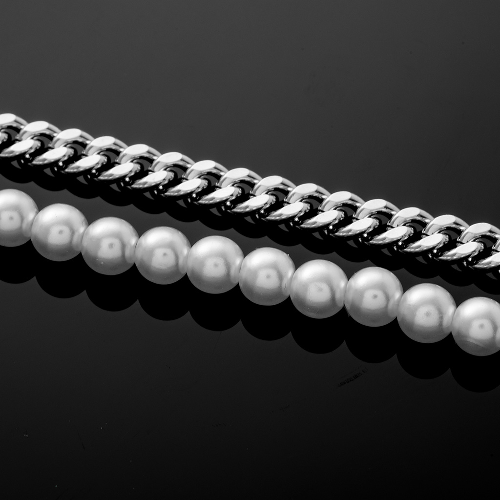 Half Pearl and Steel Cuban Chain Necklace