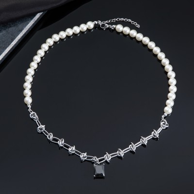 Pearl & Black Emerald Cut Stainless Steel Knot Chain