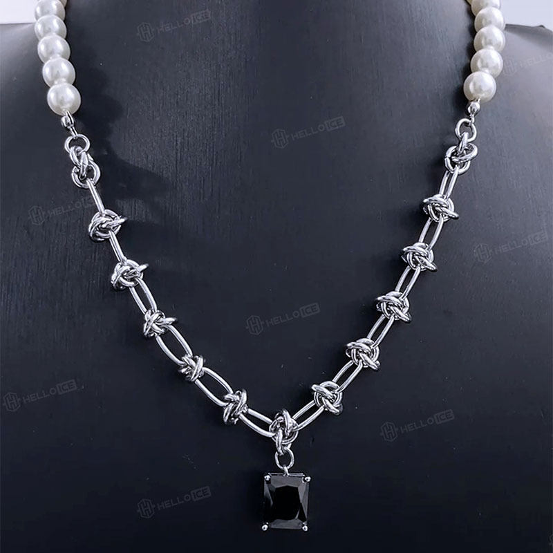 Pearl & Black Emerald Cut Stainless Steel Knot Chain