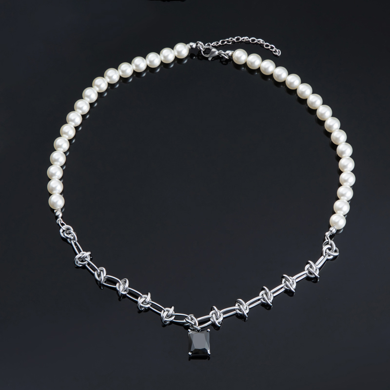 Pearl & Black Emerald Cut Stainless Steel Knot Chain