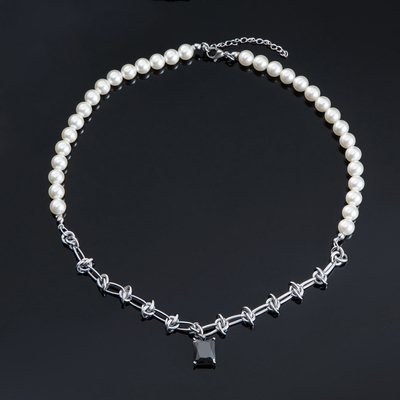 Pearl & Black Emerald Cut Stainless Steel Knot Chain