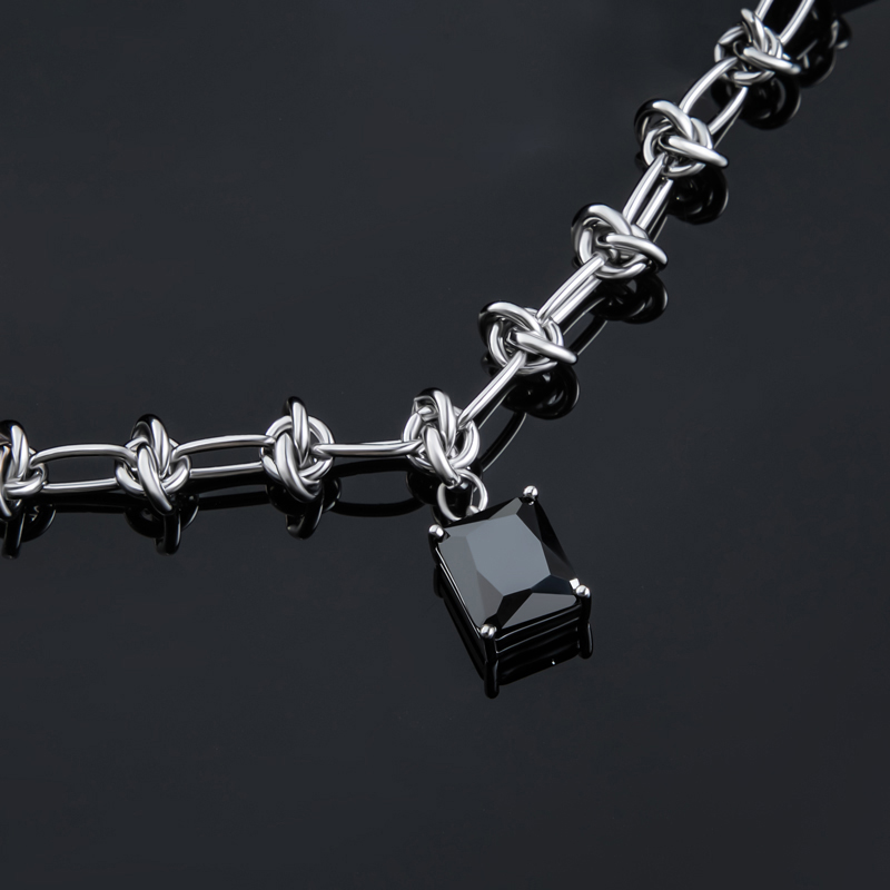 Pearl & Black Emerald Cut Stainless Steel Knot Chain