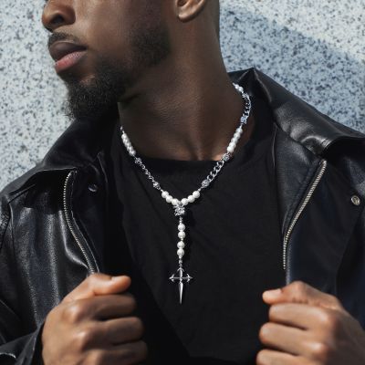 Rose Cuban Link Pearl Drop Necklace with a Cross