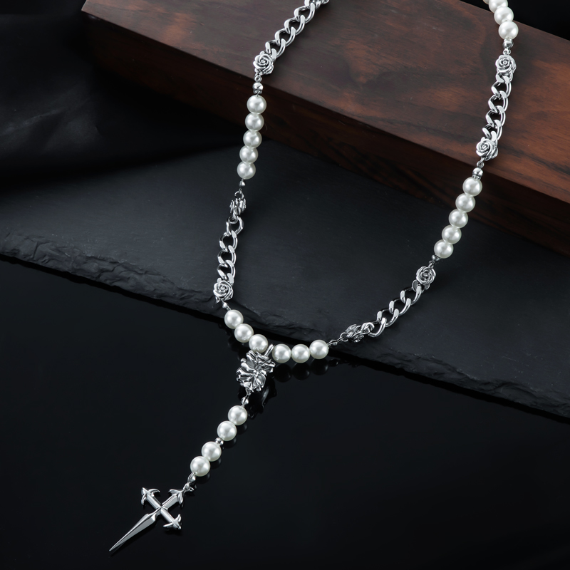 Rose Cuban Link Pearl Drop Necklace with a Cross