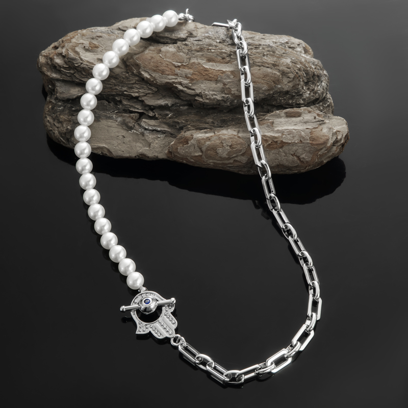 Half Pearl Half Chain with Hamsa Evil Eyes OT Clasp