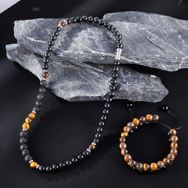  Tiger Eye Stones Black Obsidian Double Layered Bracelet & Chain Set