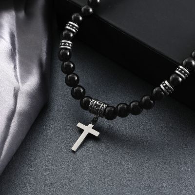  Black Obsidian & Stainless Steel Cross Beads Necklace