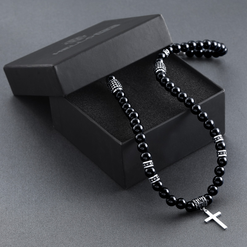  Black Obsidian & Stainless Steel Cross Beads Necklace