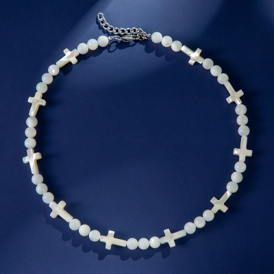  Natural White Seashell Cross & Bead Chain